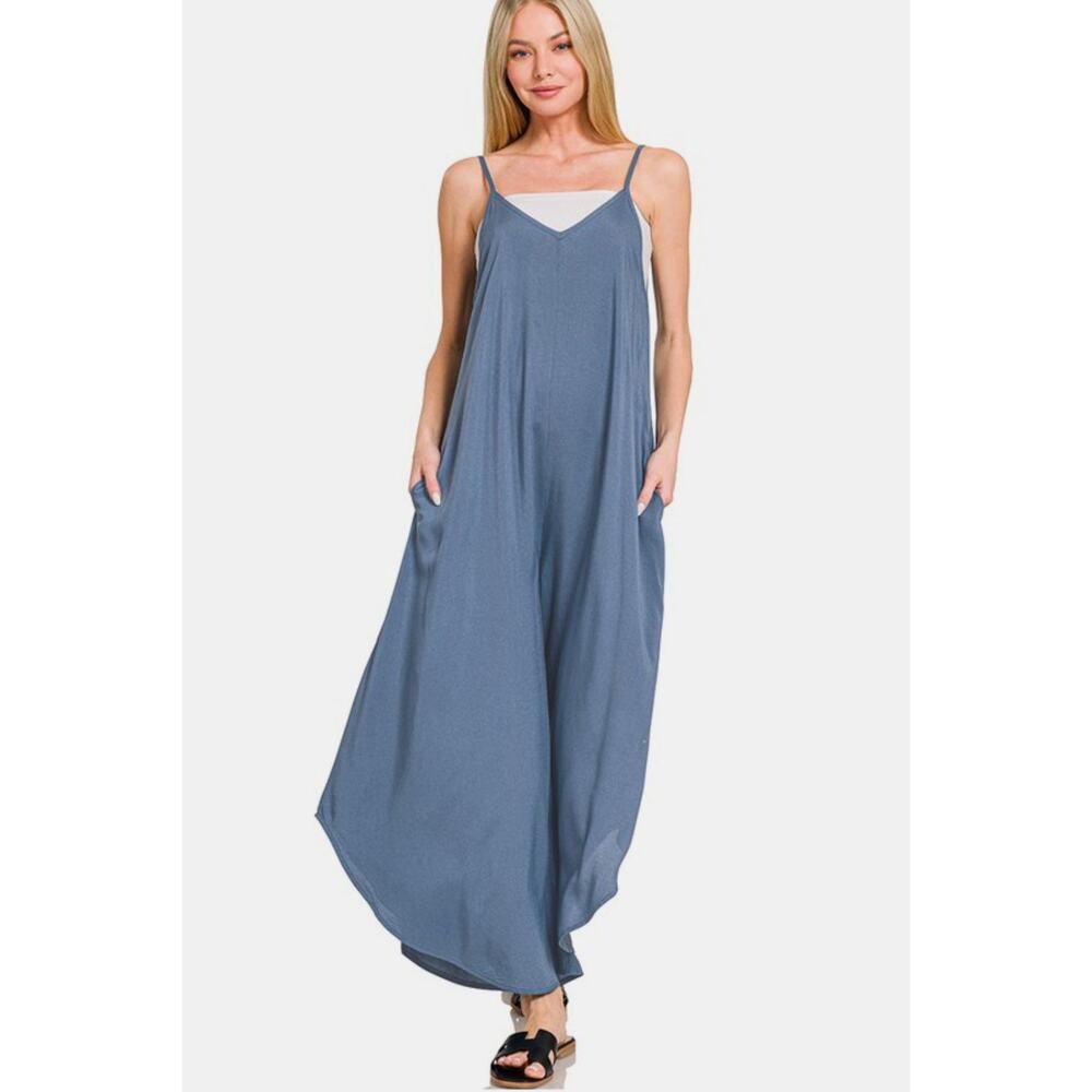 Zenana Spaghetti Strap Wide Leg Overalls with Pockets - QP7239Y - Size M